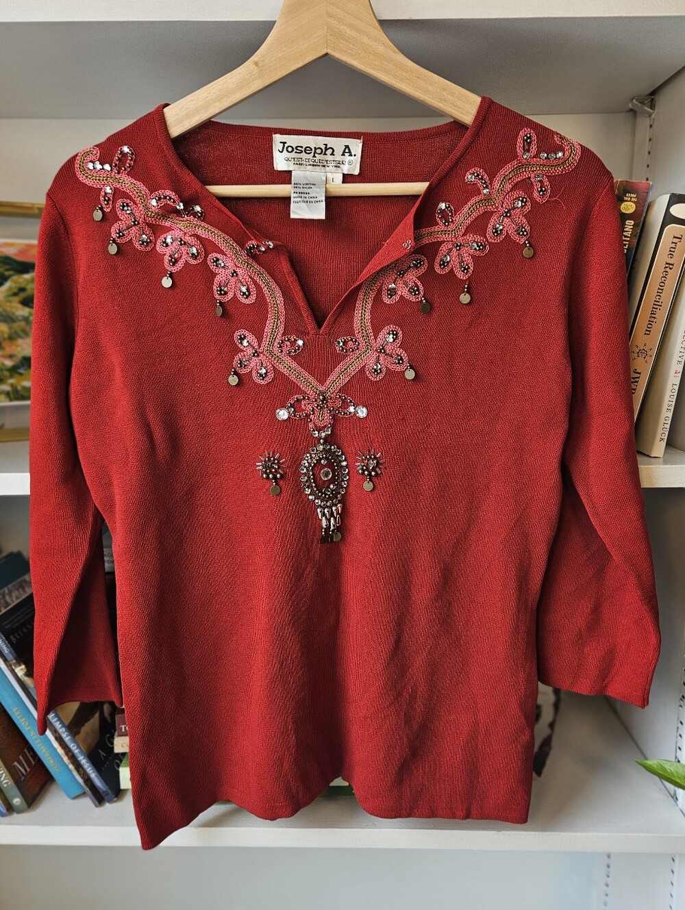 Vintage Joseph A. Knit V-Neck Blouse Size Large Y2K Boho 00s Embroidered
